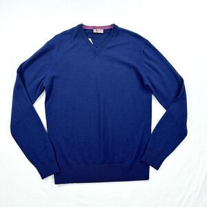 Thomas Pink Merino Wool Sweater Mens Small Navy Blue V-Neck Minimalist Preppy